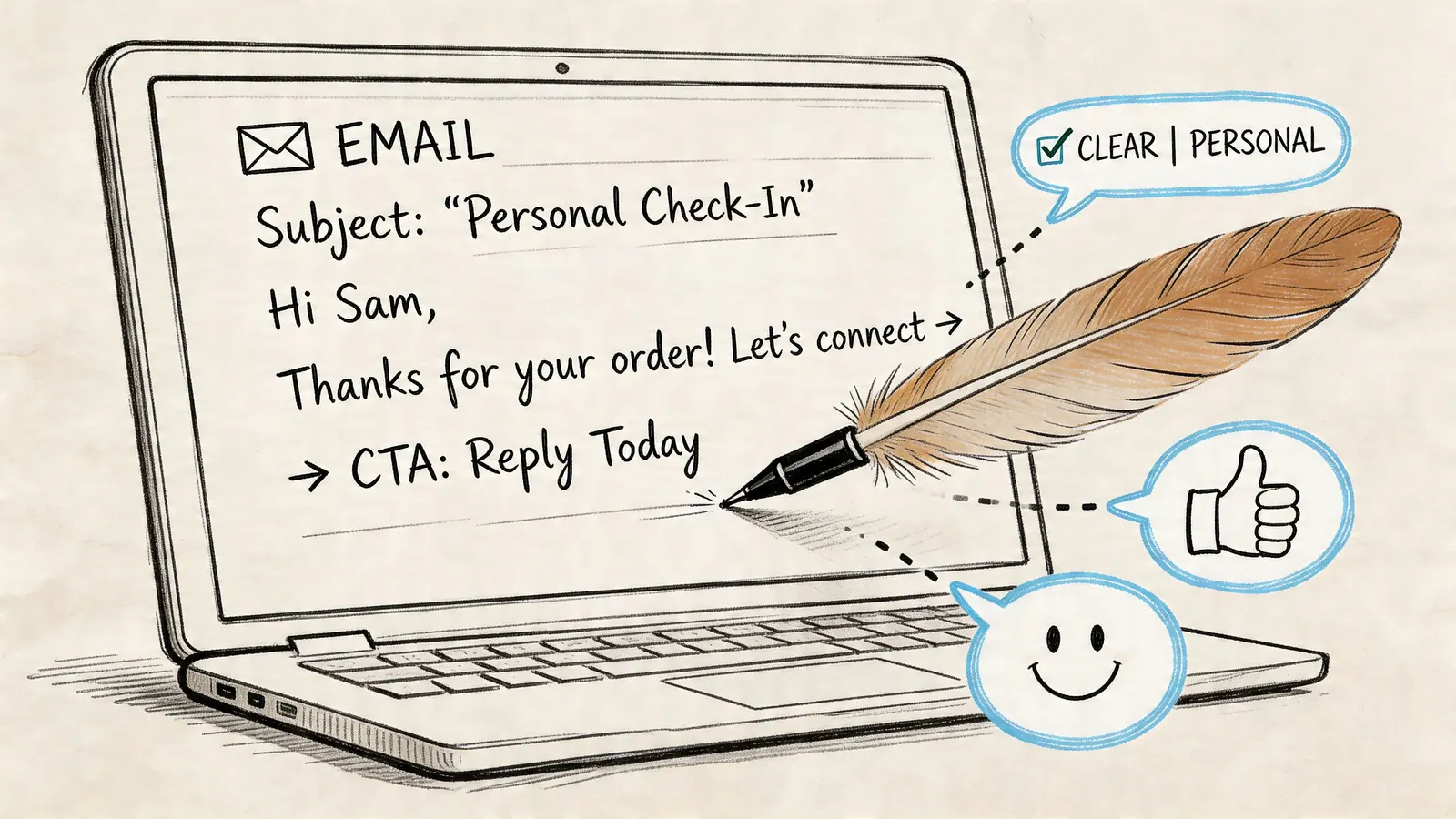 A hand-drawn style laptop displaying an email with a friendly subject line and a call to action.