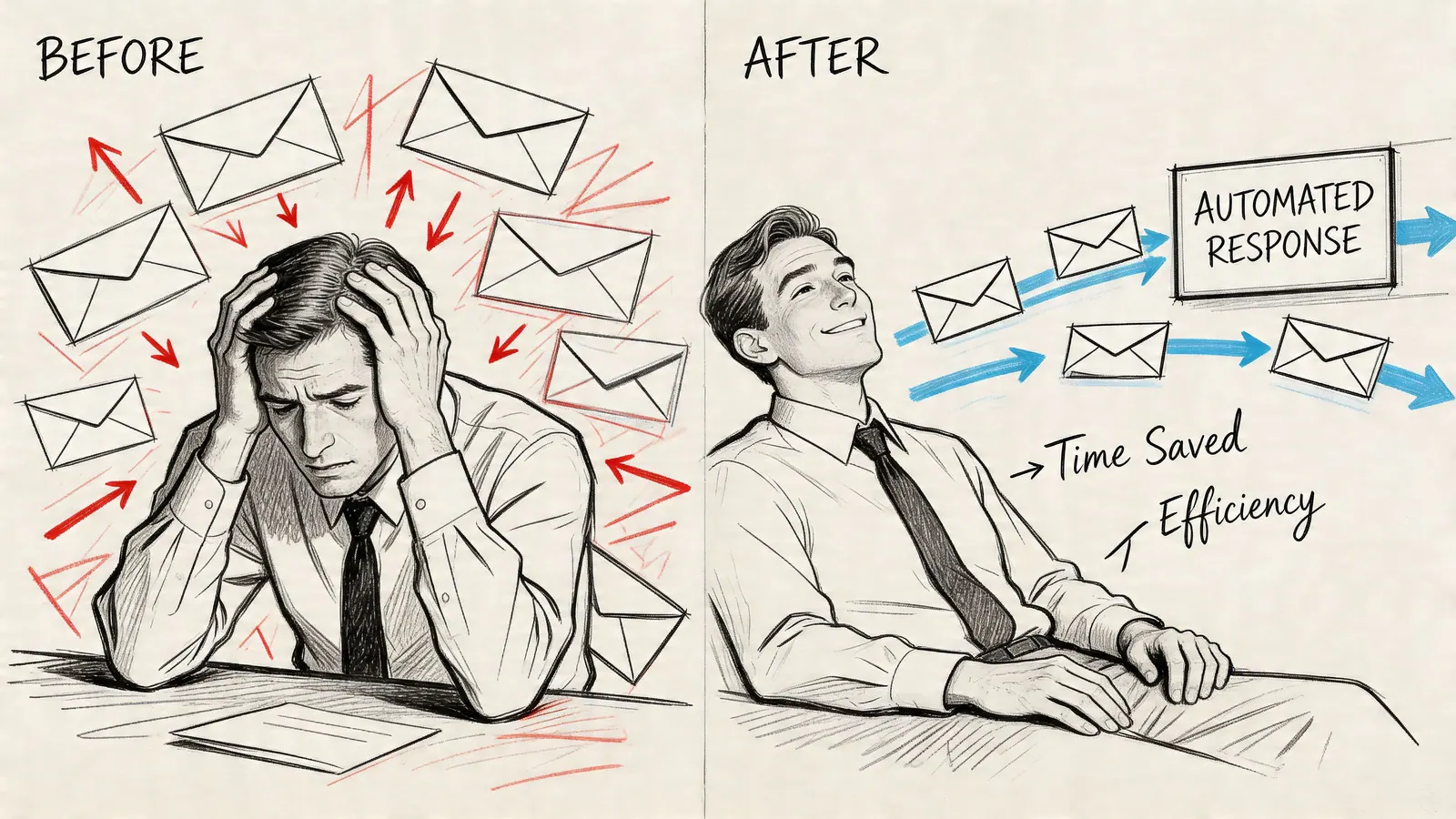 A split illustration comparing a stressed professional overwhelmed by emails and a relaxed professional using automated responses.