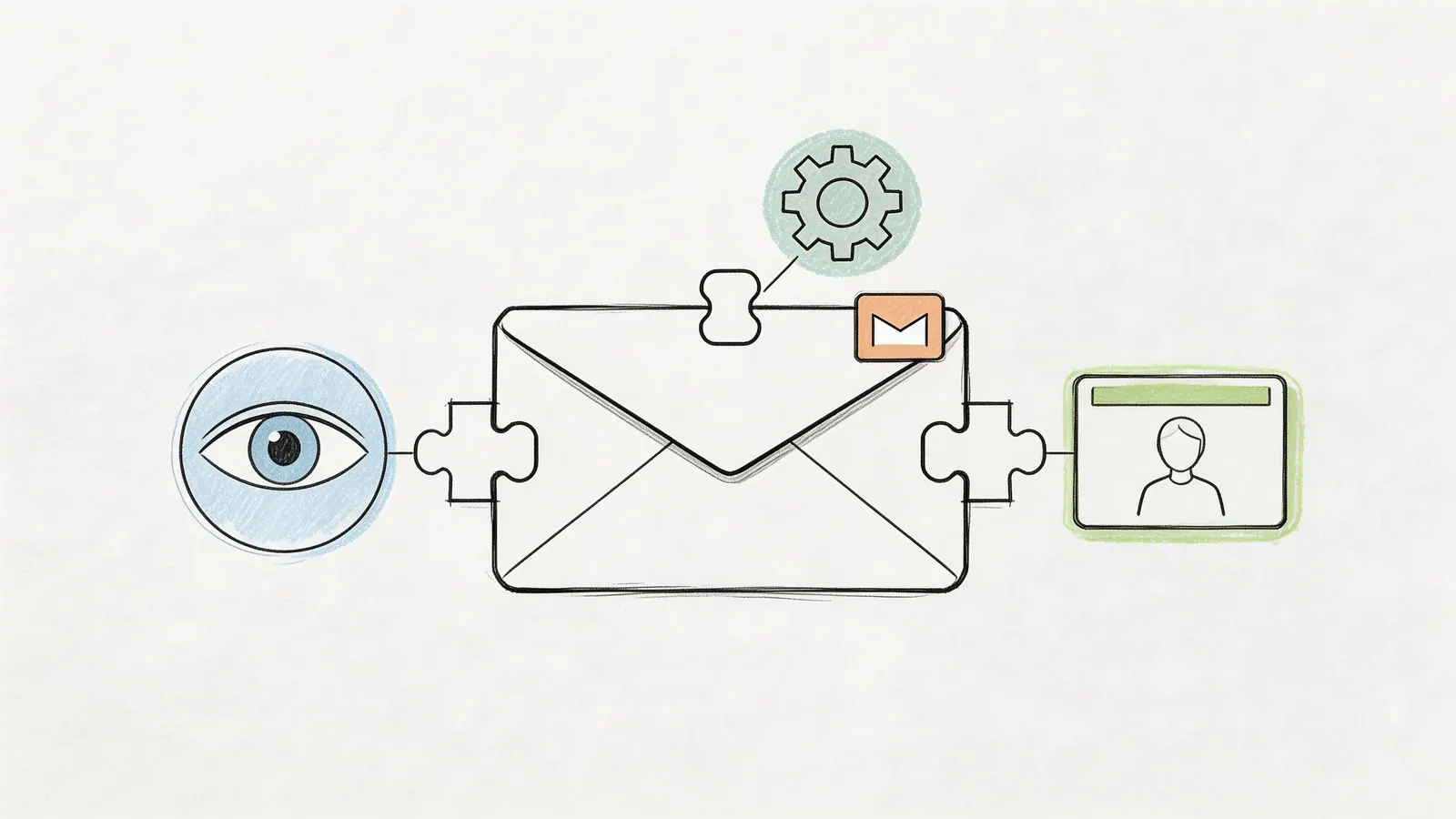 A conceptual illustration showing an eye icon connecting to a Gmail envelope and a user profile icon.