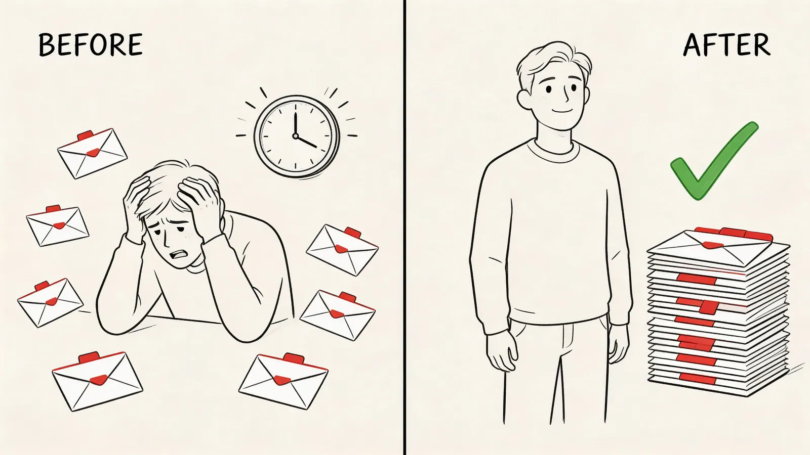 A comparison showing a stressed man with scattered emails versus a calm man with organized emails.
