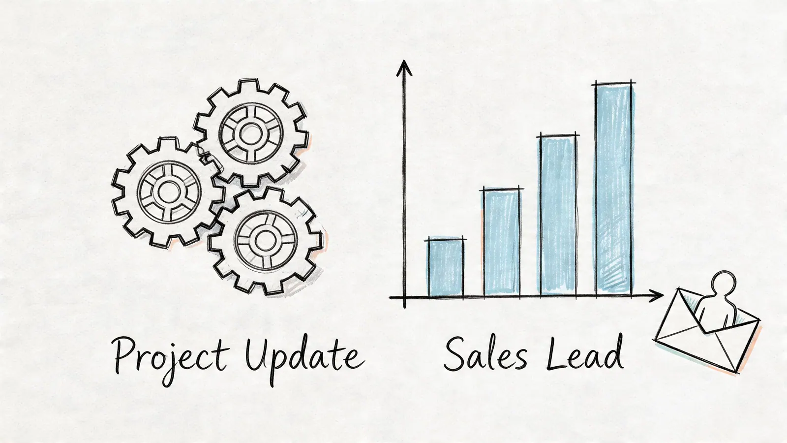 Sketch showing a gear icon labeled Project Update and a bar graph labeled Sales Lead with email.