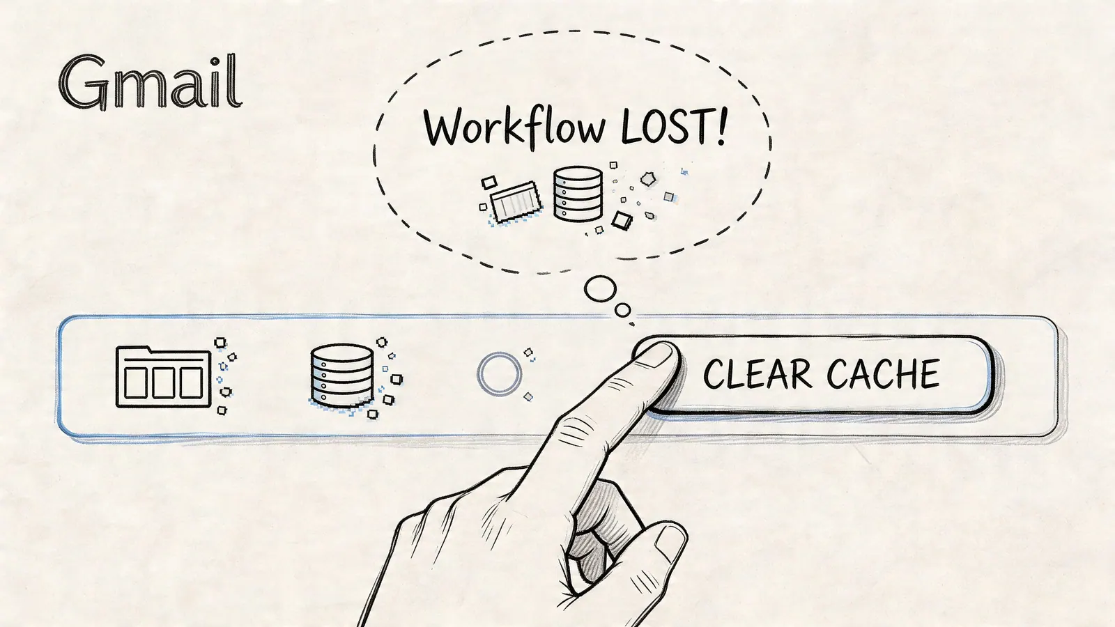 A hand pressing a button labeled Clear Cache on a Gmail interface with a lost workflow notification.