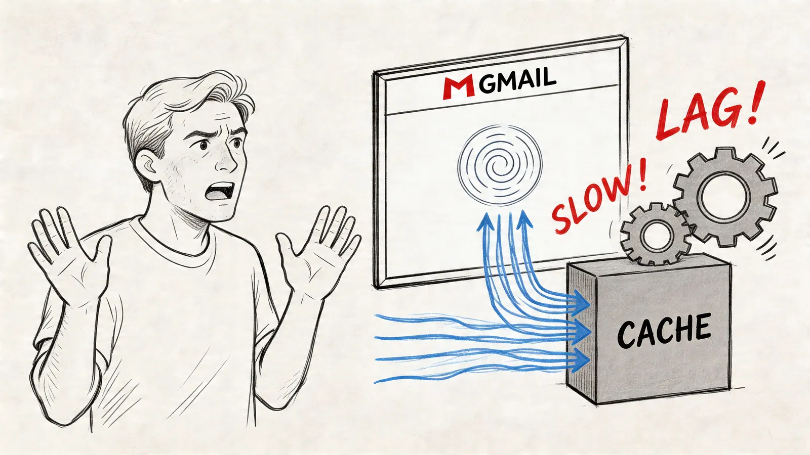 A frustrated man looking at a slow Gmail window experiencing lag caused by cache issues.