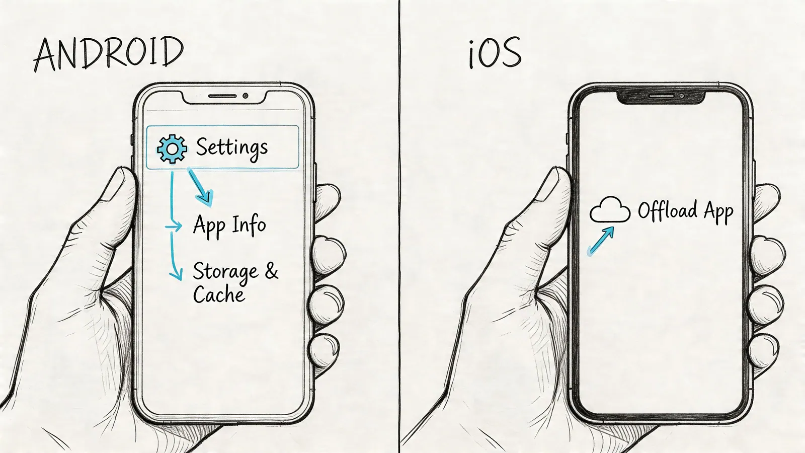 A hand-drawn illustration comparing Android and iOS mobile interfaces for managing storage and clearing application data.