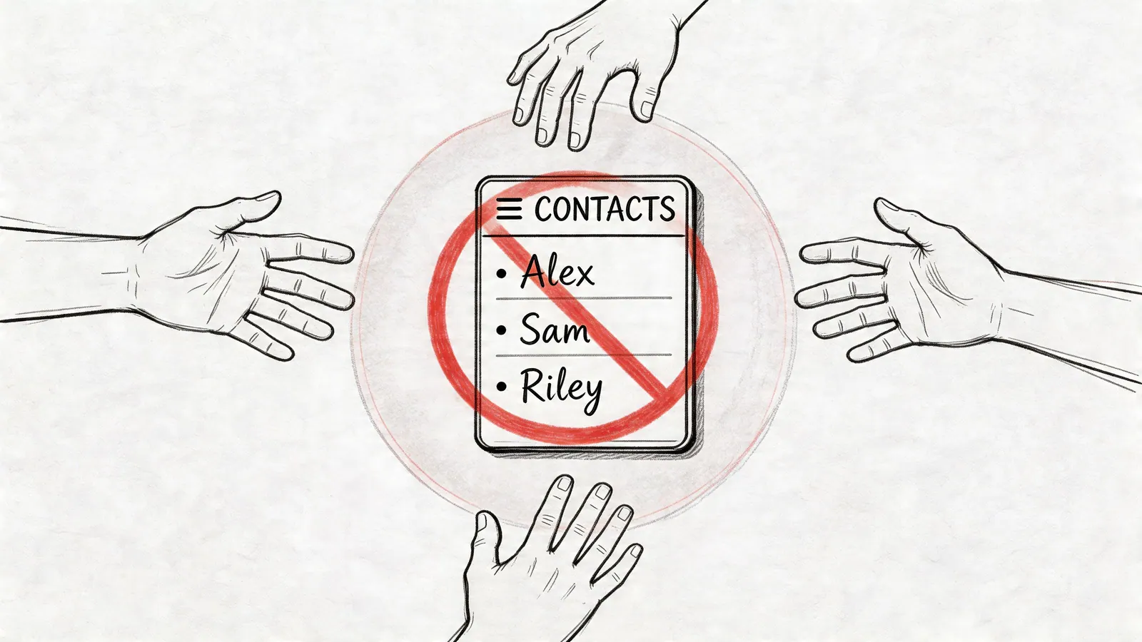 A digital illustration showing four hands surrounding a smartphone screen displaying a blocked contacts list.