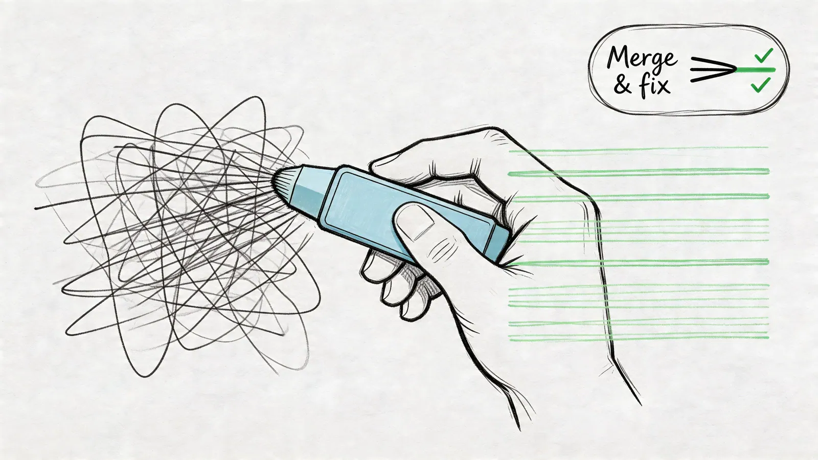 A hand using a blue marker tool to transform chaotic scribbles into organized clean green lines.