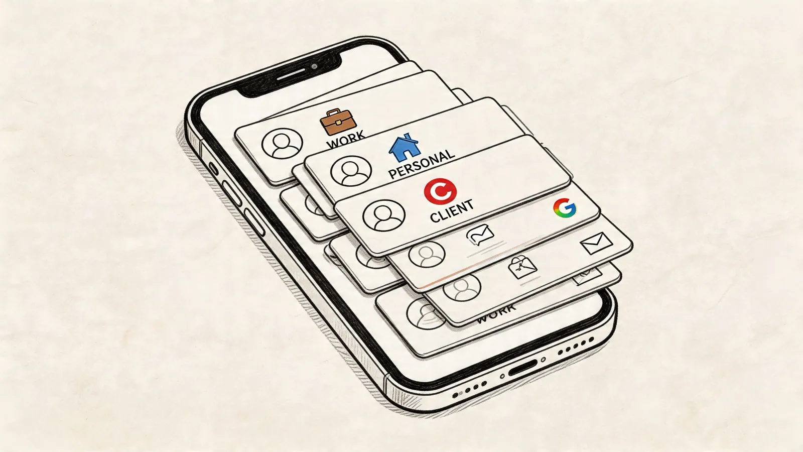 A smartphone illustration showing stacked digital contact profiles categorized into Work, Personal, and Client sections.