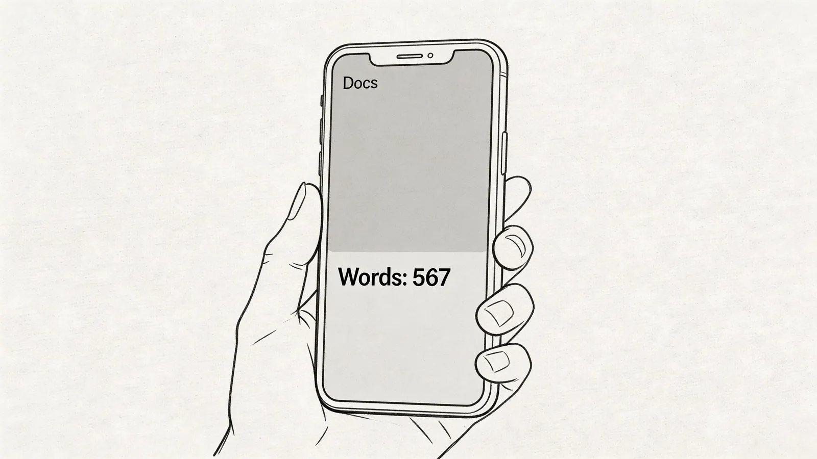 A line-art illustration of a hand holding a smartphone displaying the Google Docs word count interface.