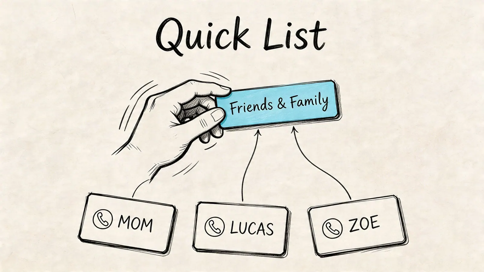 A hand holding a blue label labeled Friends & Family above three contact buttons for Mom, Lucas, and Zoe.