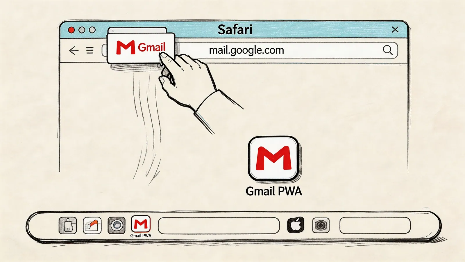 A hand dragging a Gmail icon from a Safari browser tab onto a Mac dock as a PWA