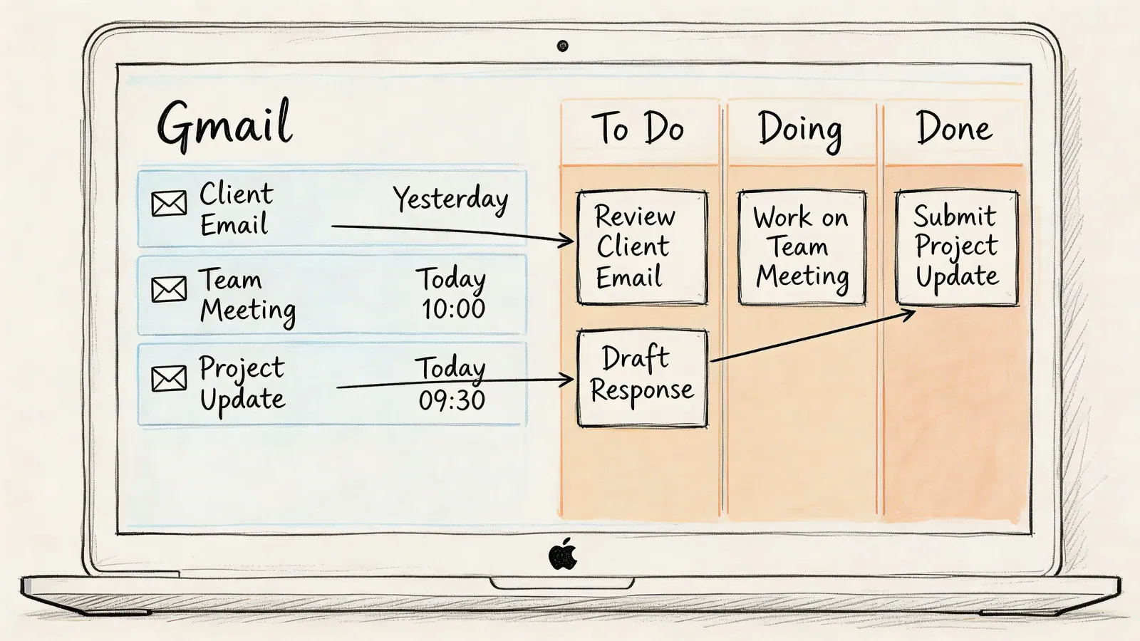 A hand-drawn illustration on a Mac laptop screen showing Gmail emails being organized into a Kanban board.