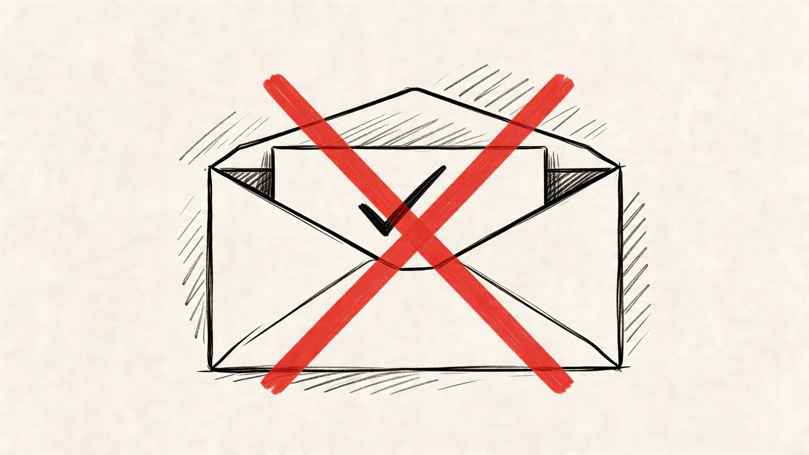 A hand-drawn sketch of an open envelope with a checkmark on a letter, crossed out with a red X.