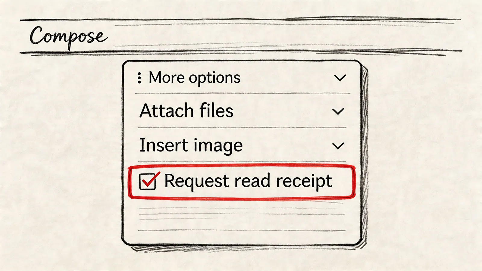 A digital menu titled Compose showing the Request read receipt option selected with a red checkmark.