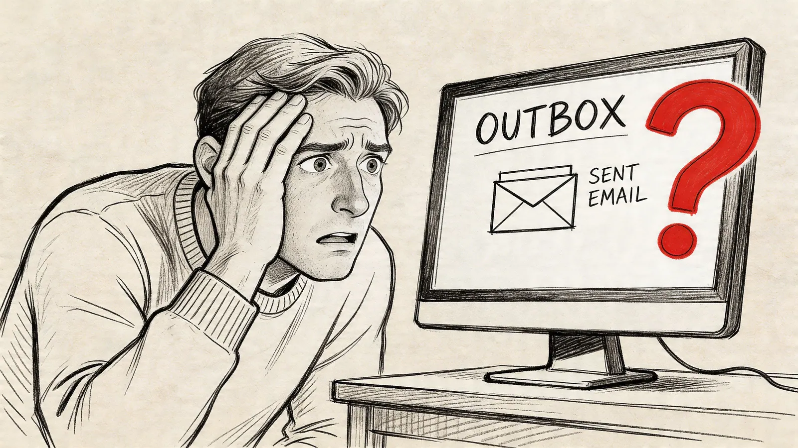 A worried man staring at a computer screen showing an outbox with a sent email and question mark.