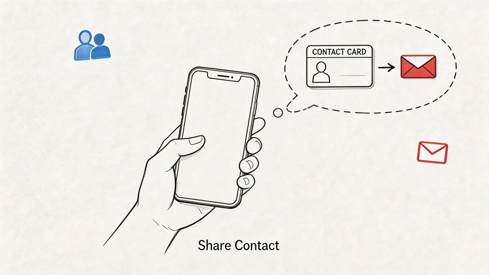 A hand holding a smartphone with a callout bubble showing a contact card being sent via email.