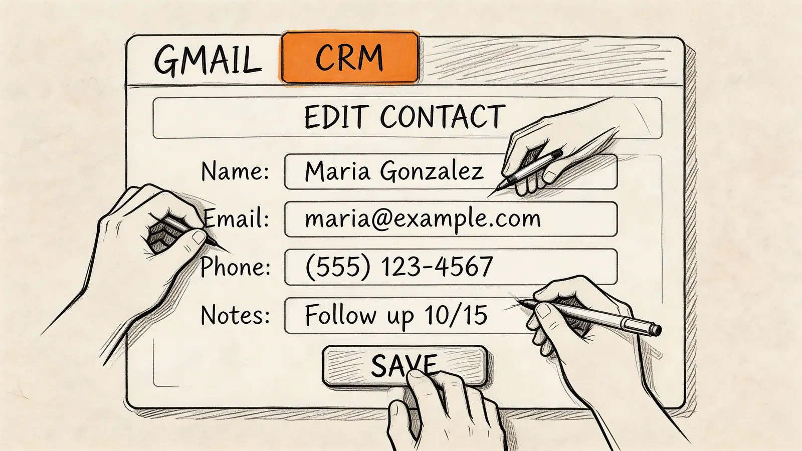 A hand-drawn illustration showing multiple hands filling out an edit contact form for a CRM system.