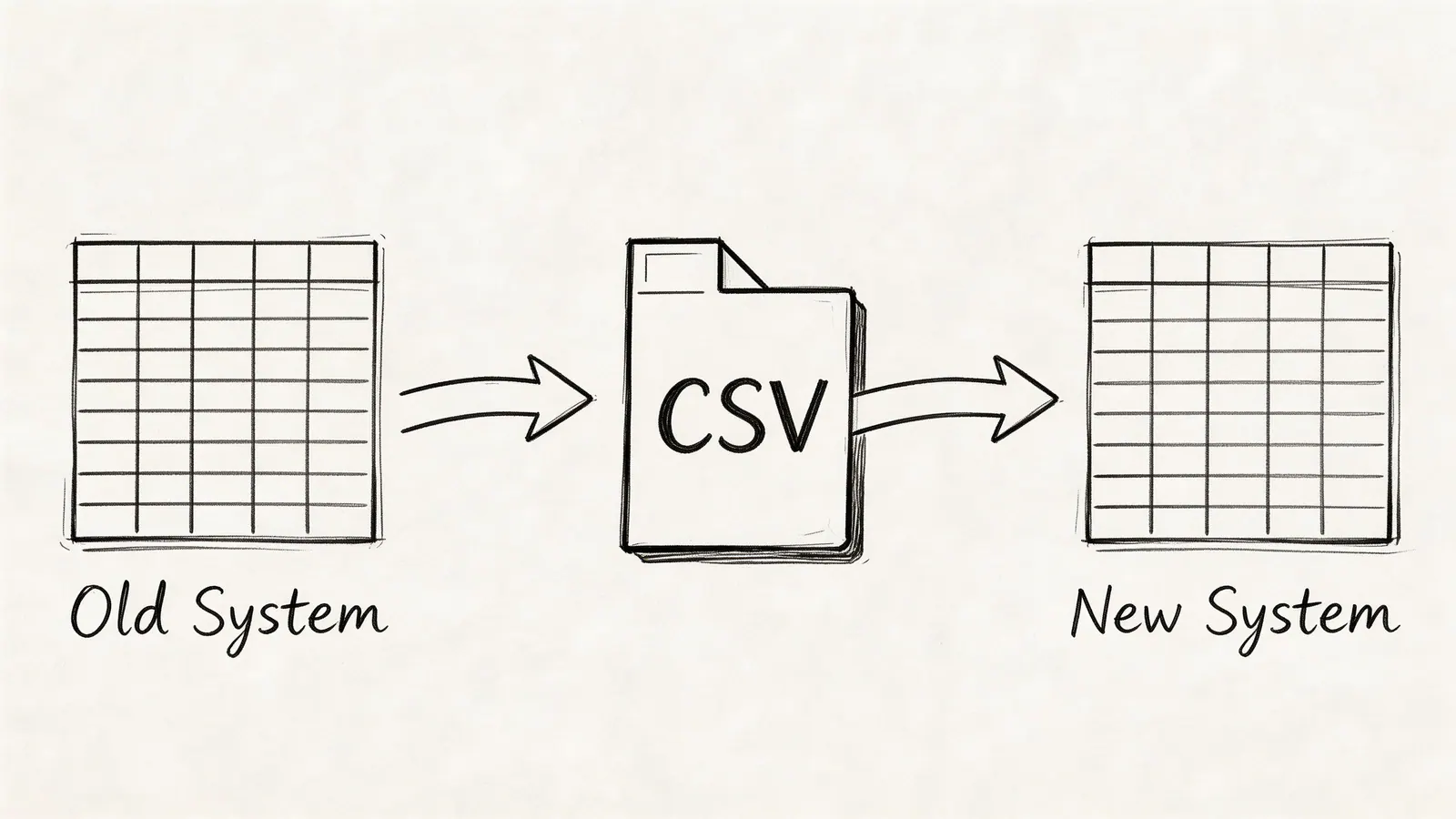 A hand-drawn diagram illustrating data migration from an old system to a new system via CSV.