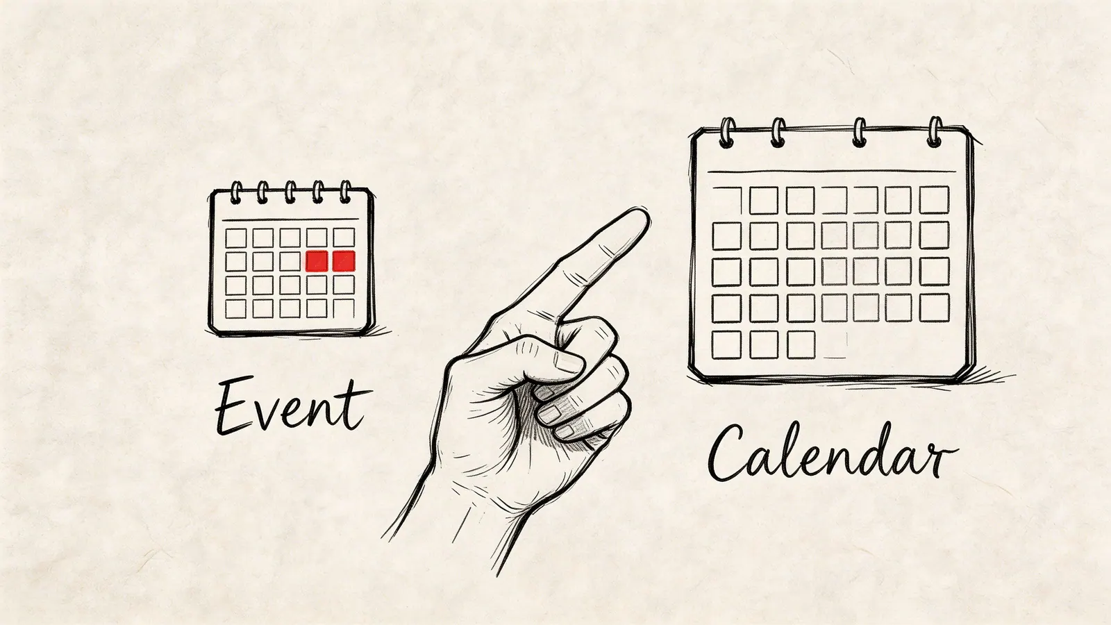 A hand illustration pointing towards a calendar icon, representing event planning and digital calendar management.