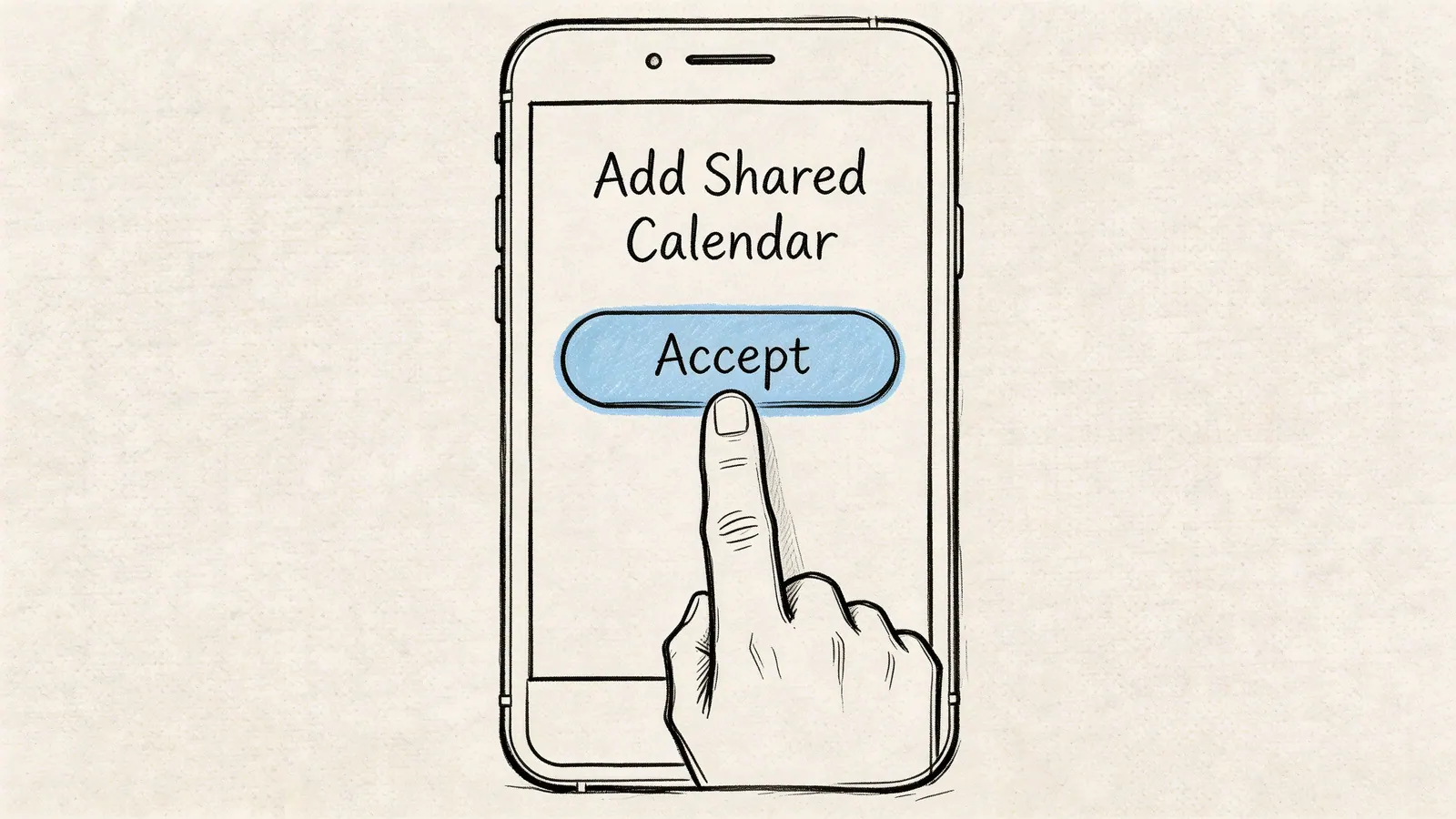A hand touching a phone screen to accept an invitation to add a shared calendar invite.