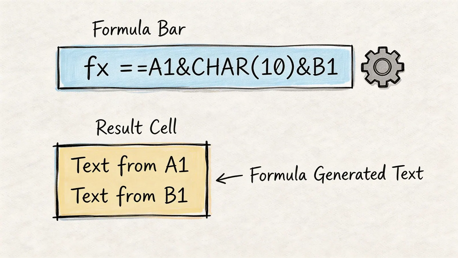 A diagram illustrating how to use the CHAR function to insert a line break in Google Sheets.