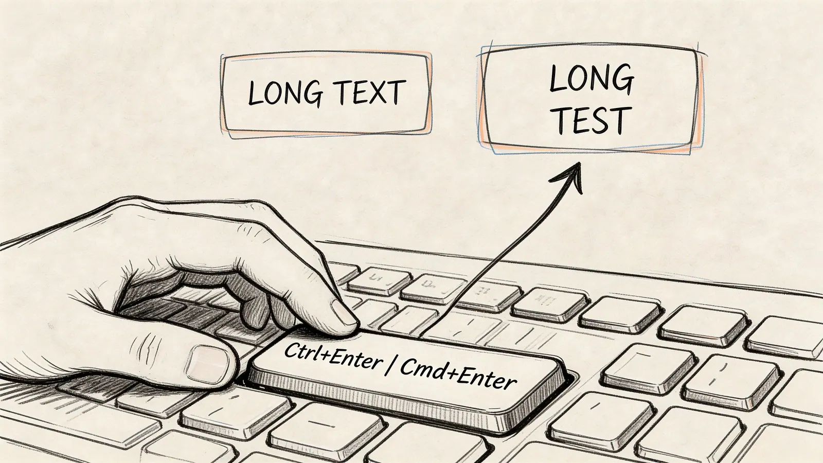 A hand pressing the keyboard key labeled Ctrl+Enter to trigger a long text wrapping action.