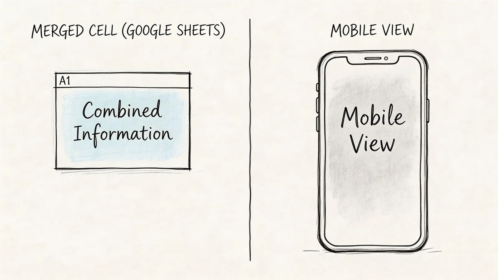 A hand-drawn illustration comparing a merged cell in Google Sheets to a mobile view display.