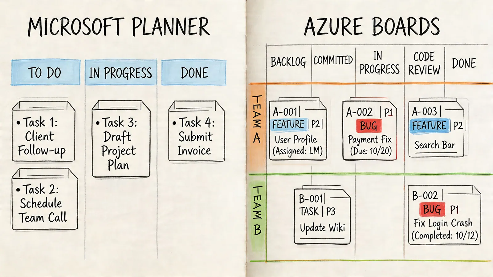 A comparison chart showing Microsoft Planner Kanban tasks versus Azure Boards with organized team project workflows.