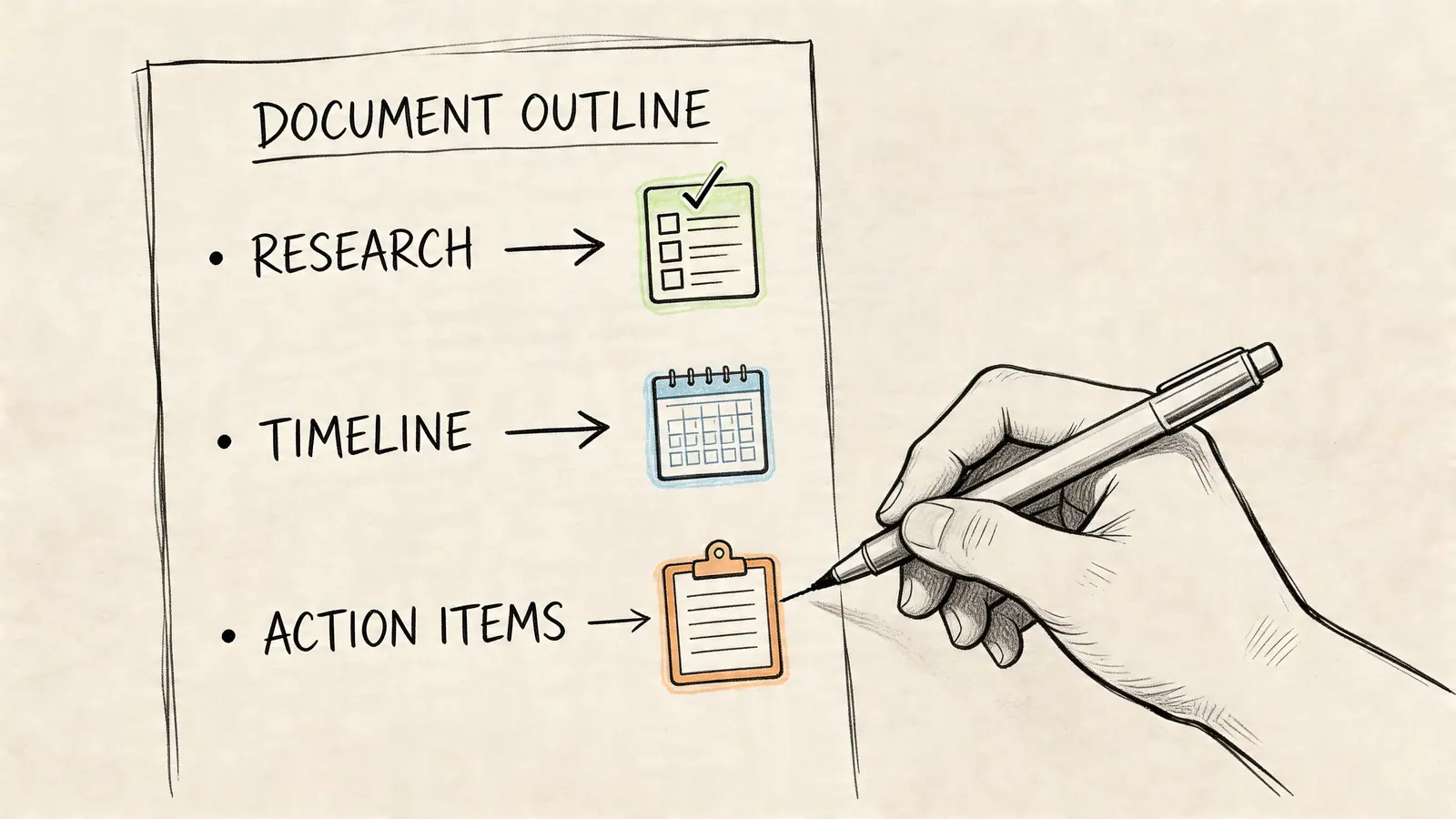 A hand drawing a document outline including research, timeline, and action items on a piece of paper.