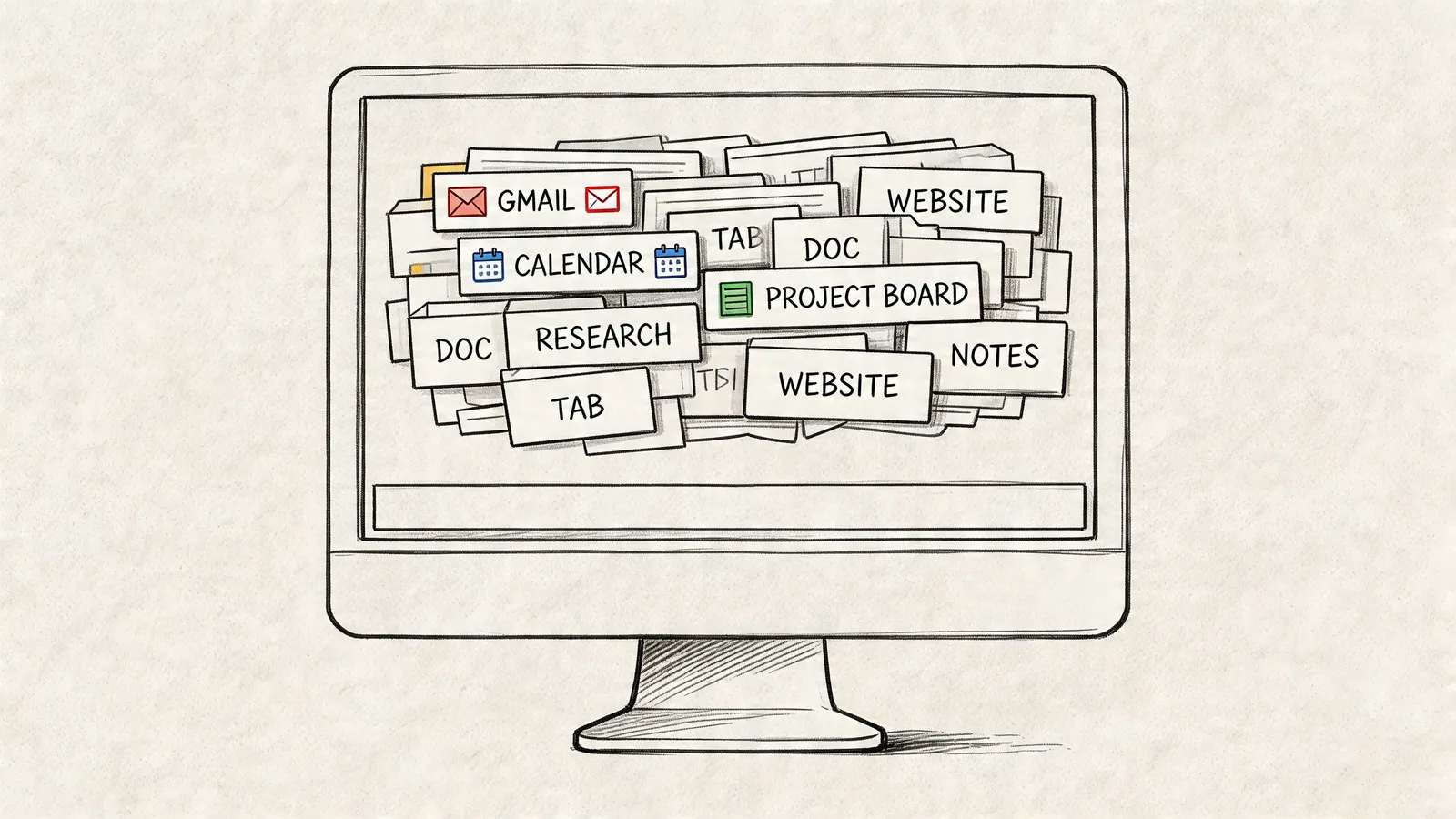 A sketched illustration of a computer monitor cluttered with numerous browser tabs labeled with various project tasks.