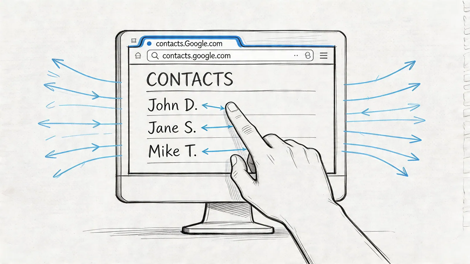 A hand selecting a contact from the Google Contacts website on a computer screen illustration.