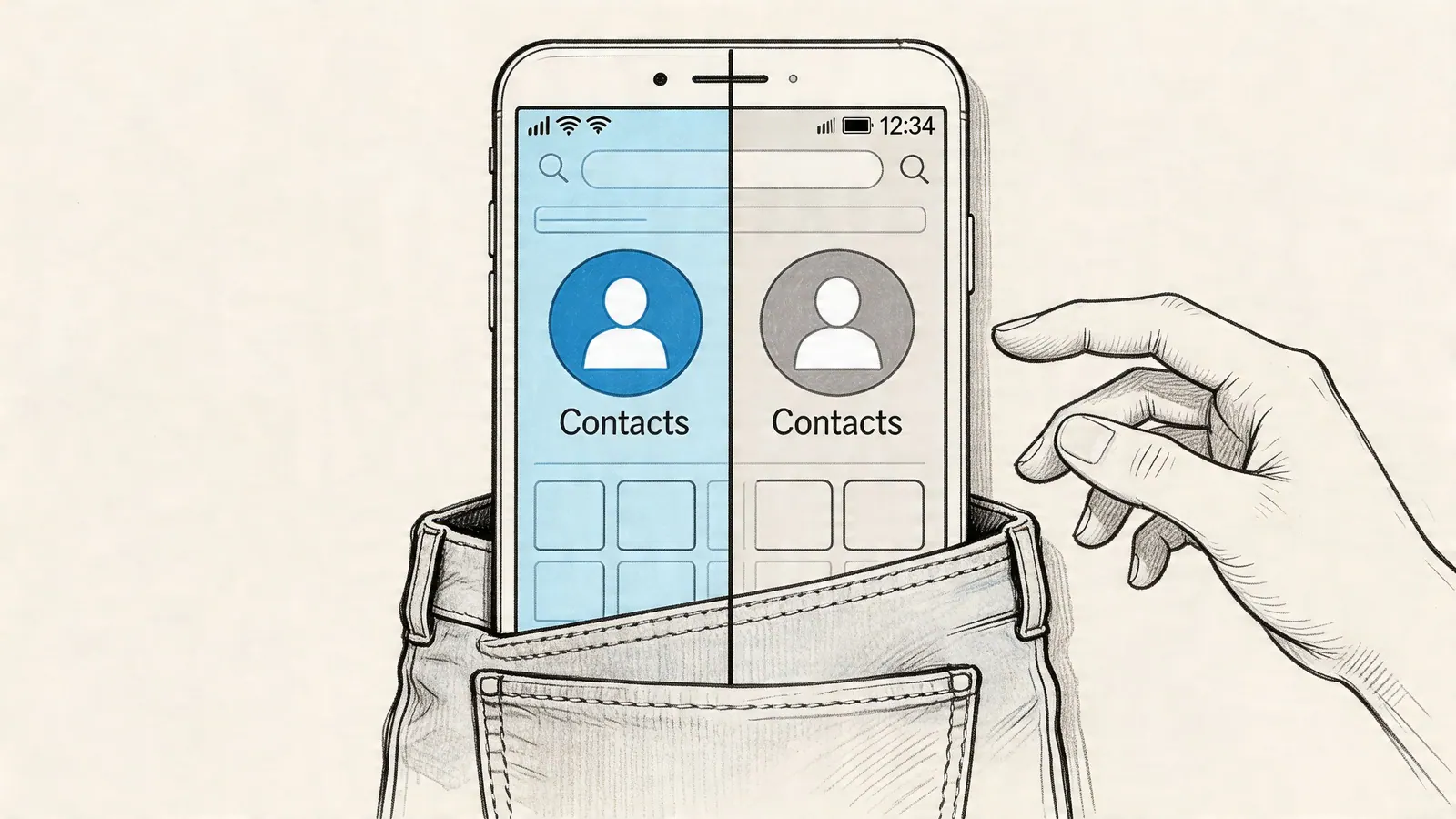 A smartphone showing a contacts application being pulled out of a pocket by a human hand illustration.