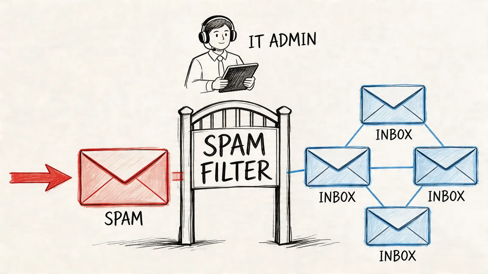 A hand-drawn illustration showing an IT admin monitoring a spam filter redirecting emails into inbox folders.