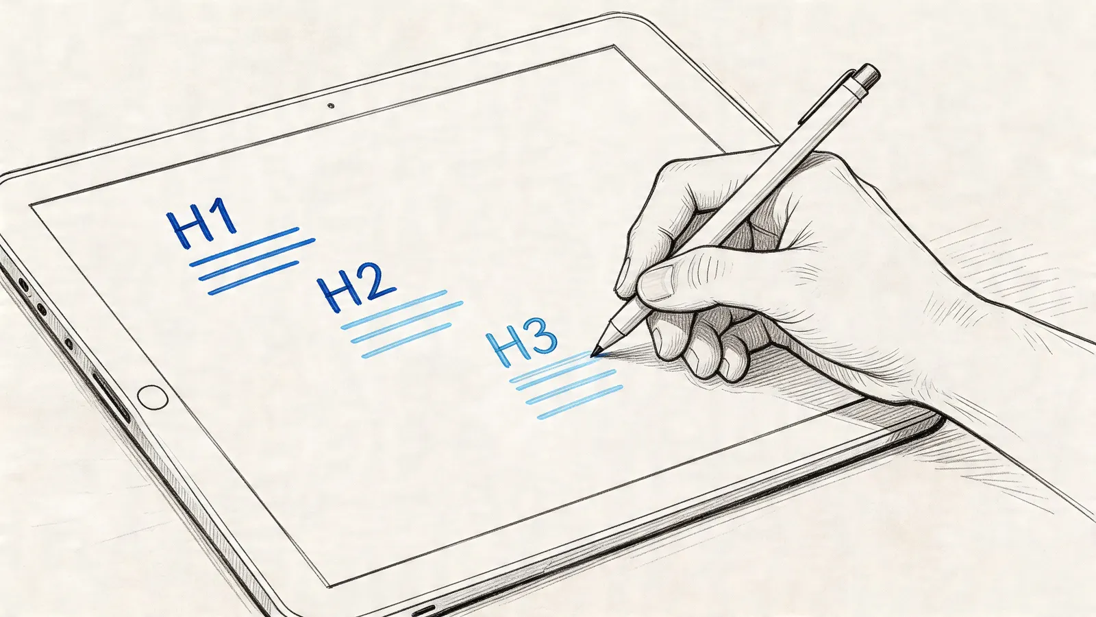 A hand using a stylus to write heading styles H1, H2, and H3 on a digital tablet screen.