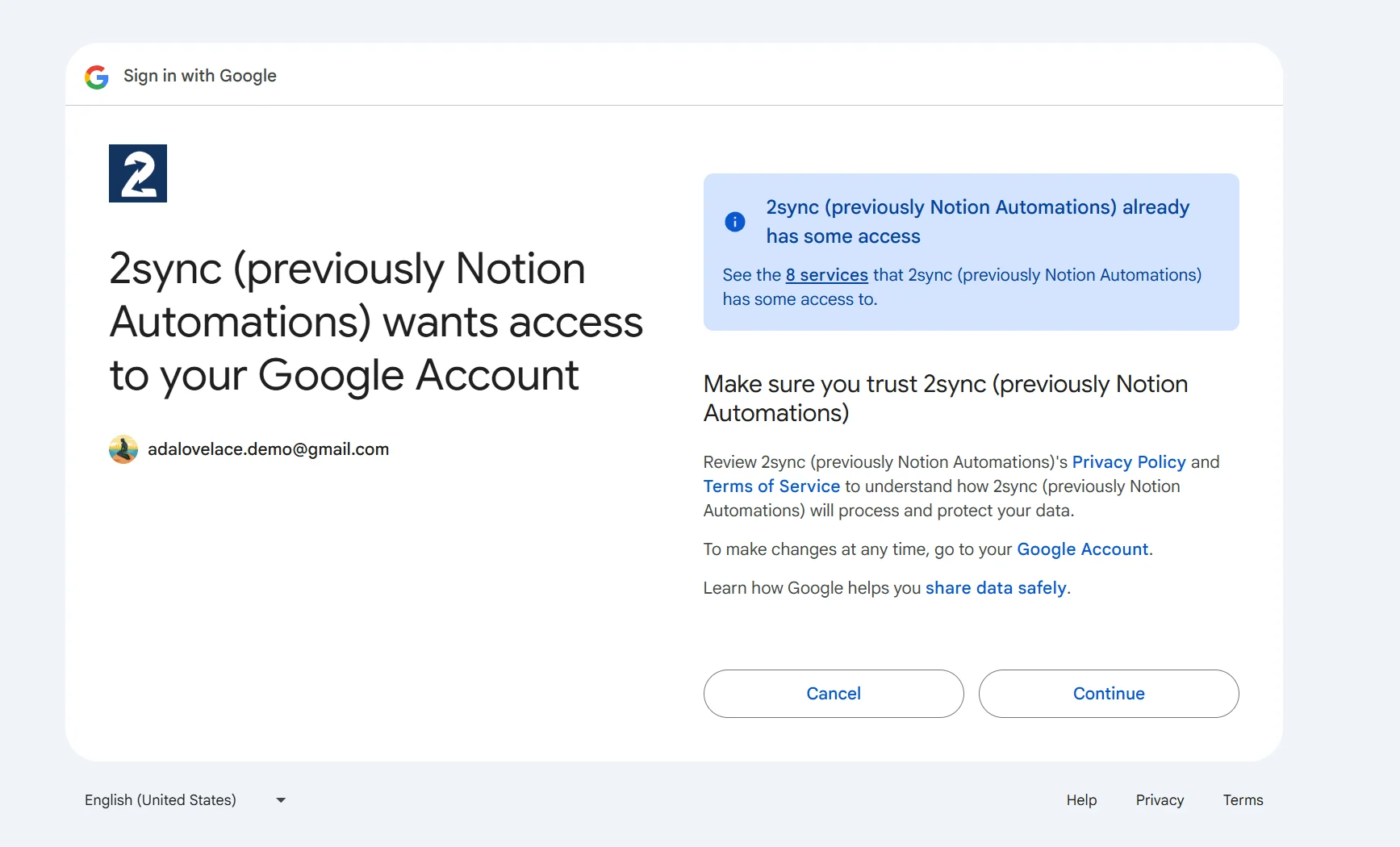 Google account permission screen for connecting 2sync