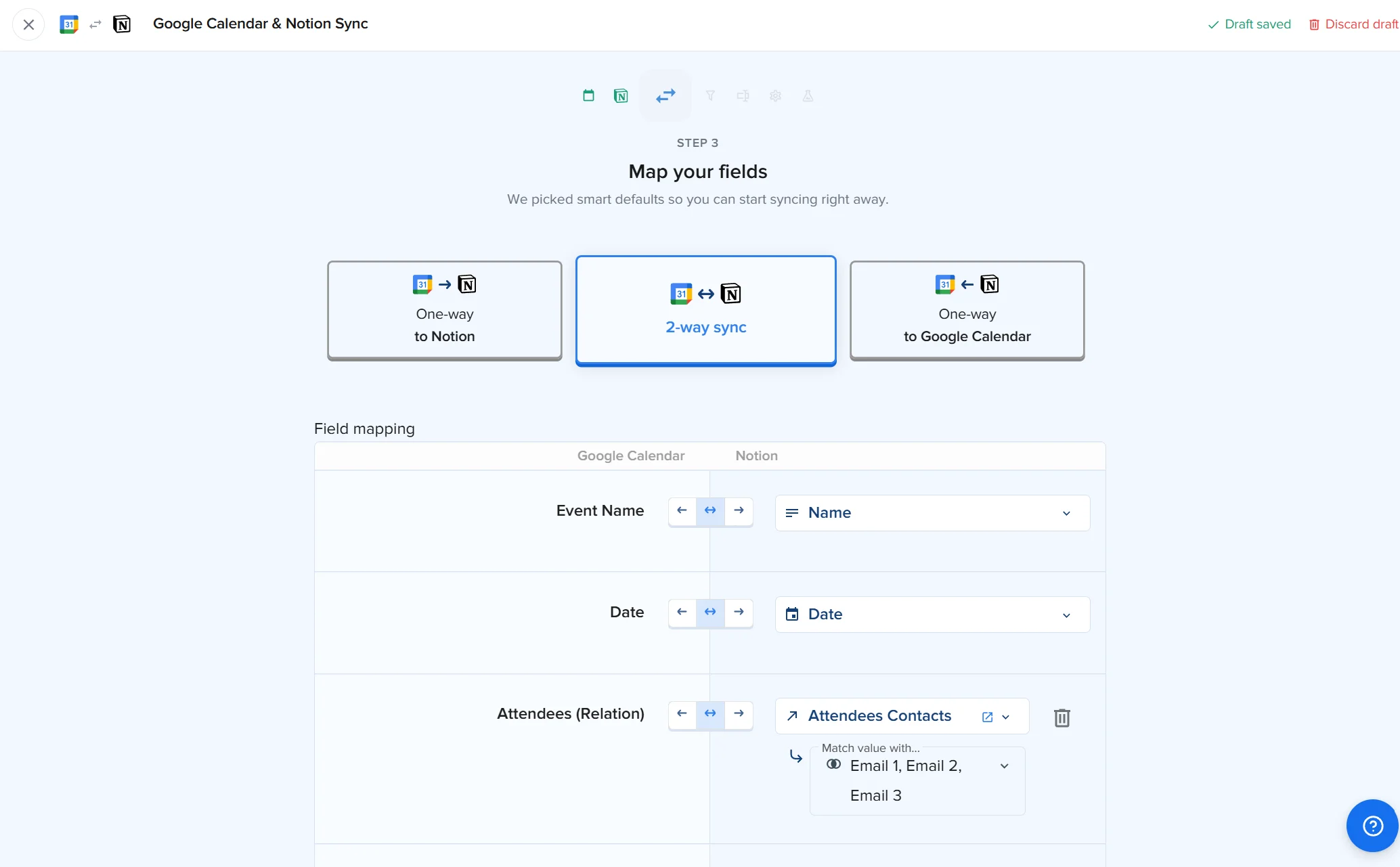 2sync Google Calendar field mapping screen showing two-way sync selected between Google Calendar and Notion