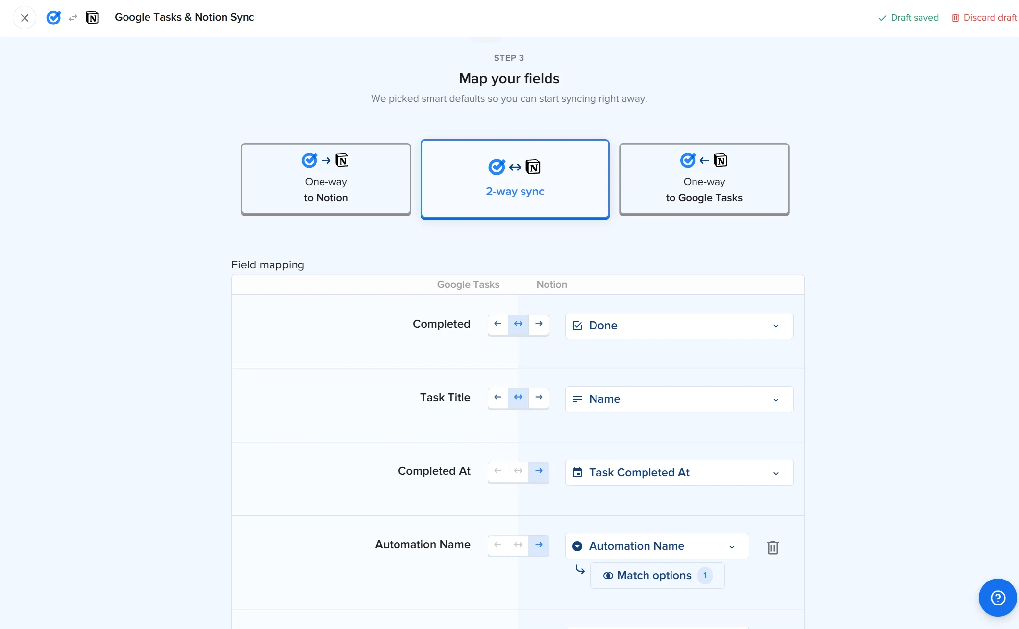 2sync Google Tasks field mapping screen showing Google Tasks fields mapped to Notion properties