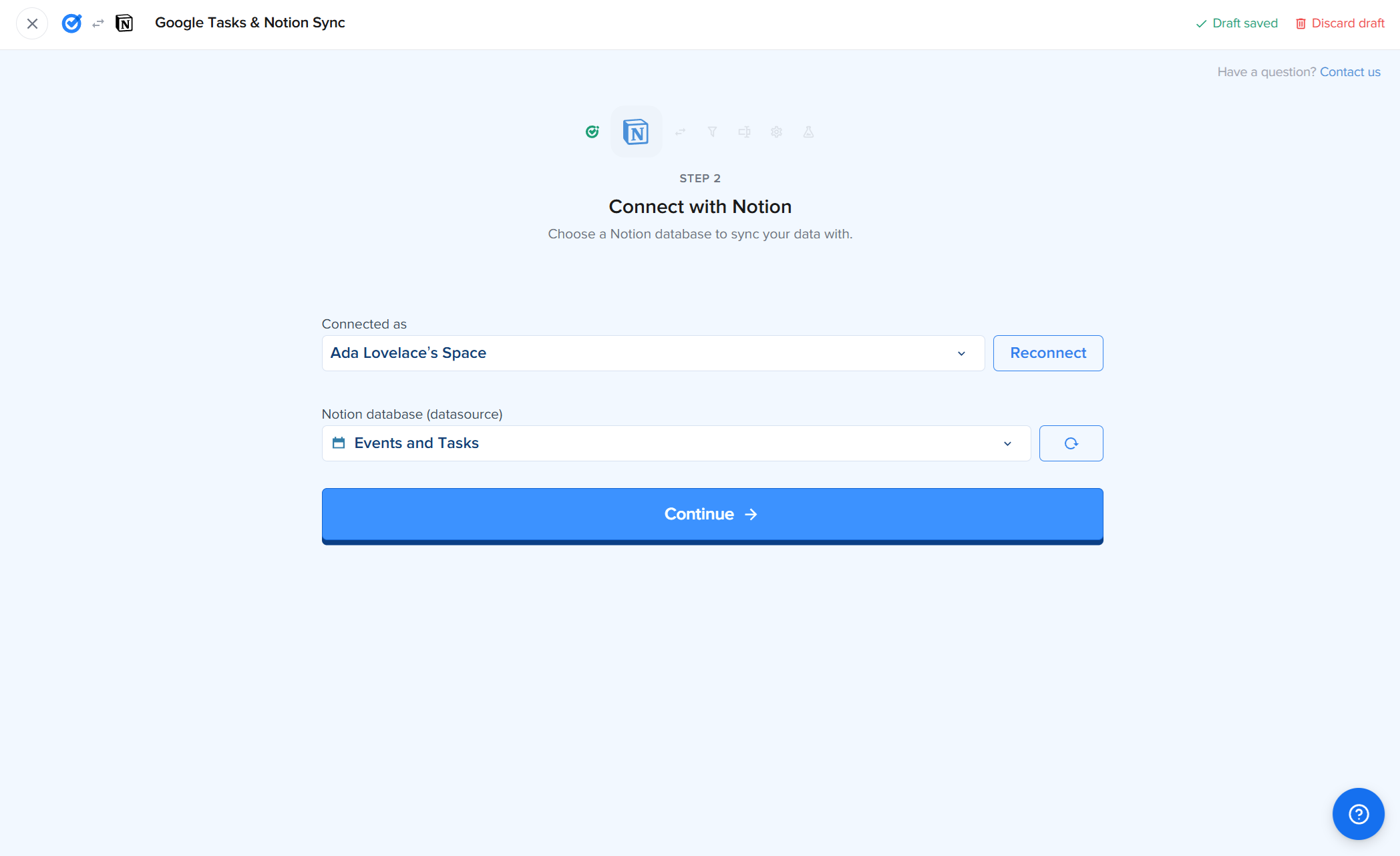 2sync Notion database picker for choosing the Events and Tasks database