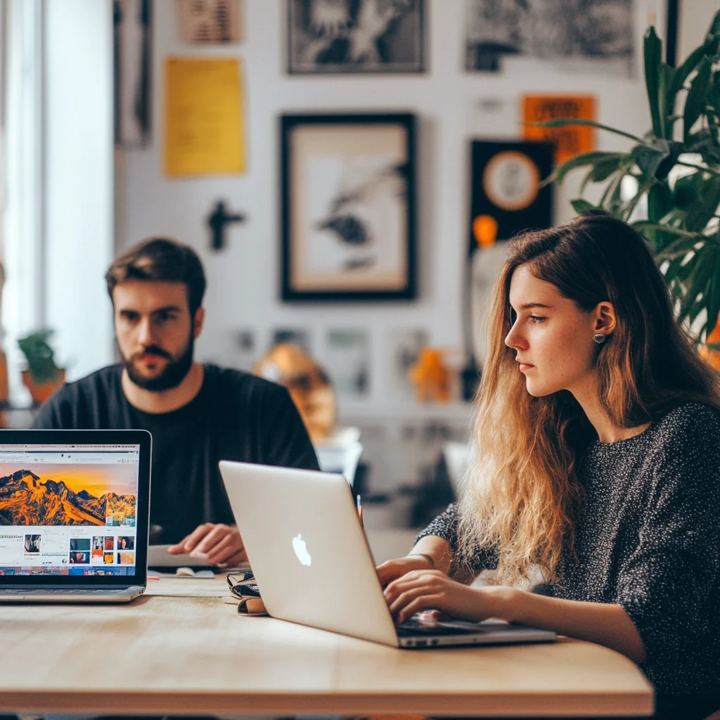 Two startup team members working in a bright office using Google Workspace tools at a collaborative studio desk