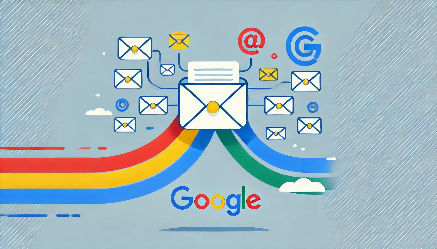 Modern and clean design featuring email icons flowing into a single inbox with Google colors, representing the concept of a catch-all email address in Google Workspace.