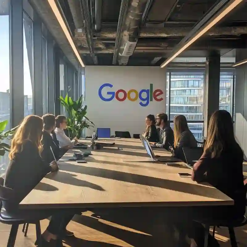 Google office meeting with a diverse team of professionals discussing business strategy. The room has a large wooden table, laptops, and green plants. The Google logo is visible on the wall.