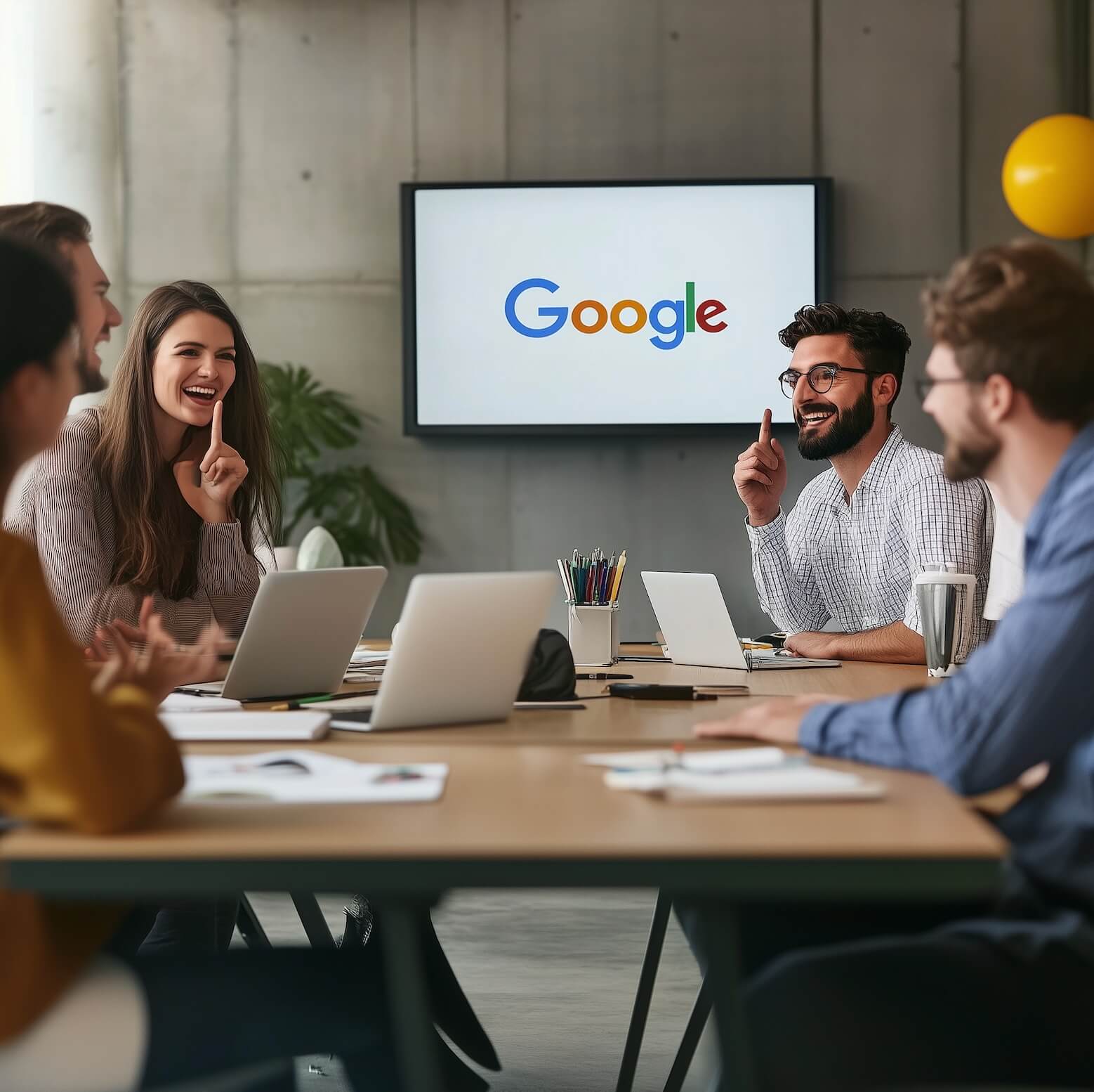 Startup team collaborating and setting up Google Workspace in a meeting room, with Google logo displayed on screen