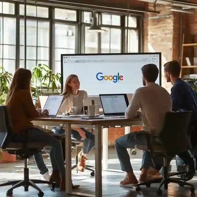 5 HR colleagues working in an office with a big presentation screen showing Google's logo