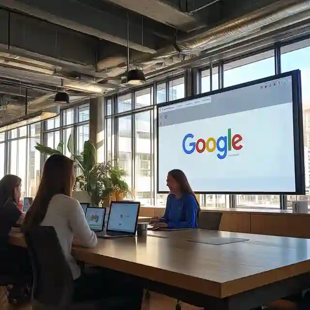 3 recruiters working in an office with a big presentation screen showing Google's logo, realistic, bright, happy, hiring, google, window, modern