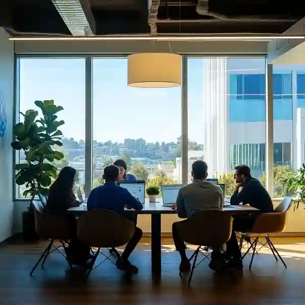 Office meeting with a group of professionals around a table, large windows showing urban landscape