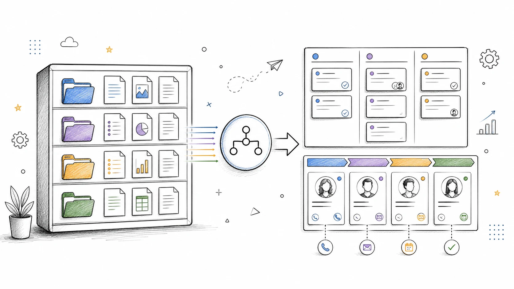 Organized project folders flowing into a Kanban board and CRM pipeline