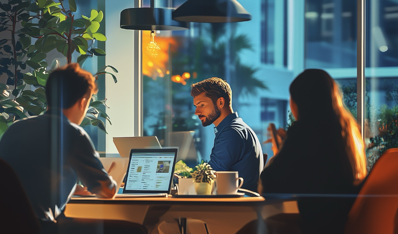 Two startup team members working in a bright office using Google Workspace tools at a collaborative studio desk