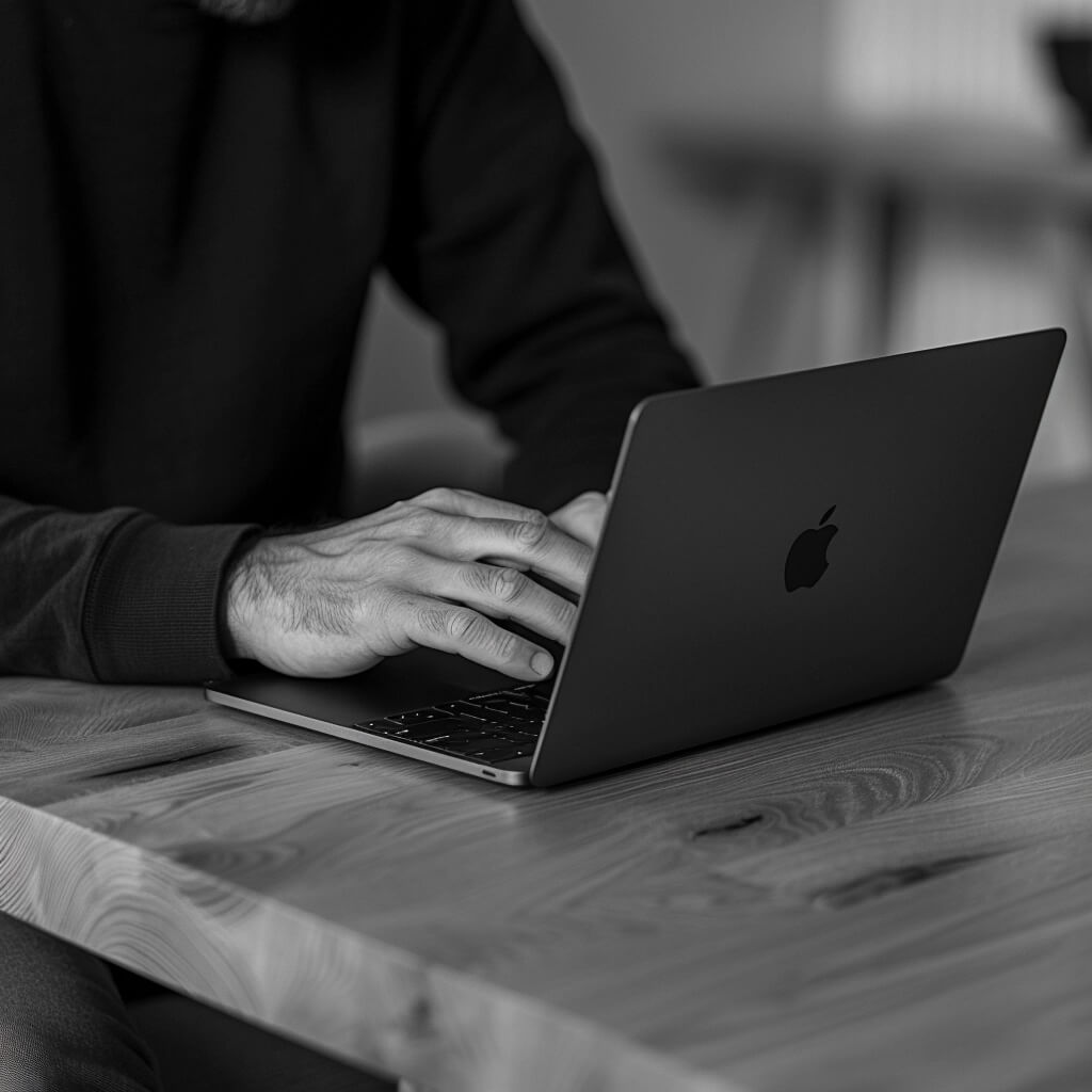 Hands on a MacBook keyboard, working at a wooden table