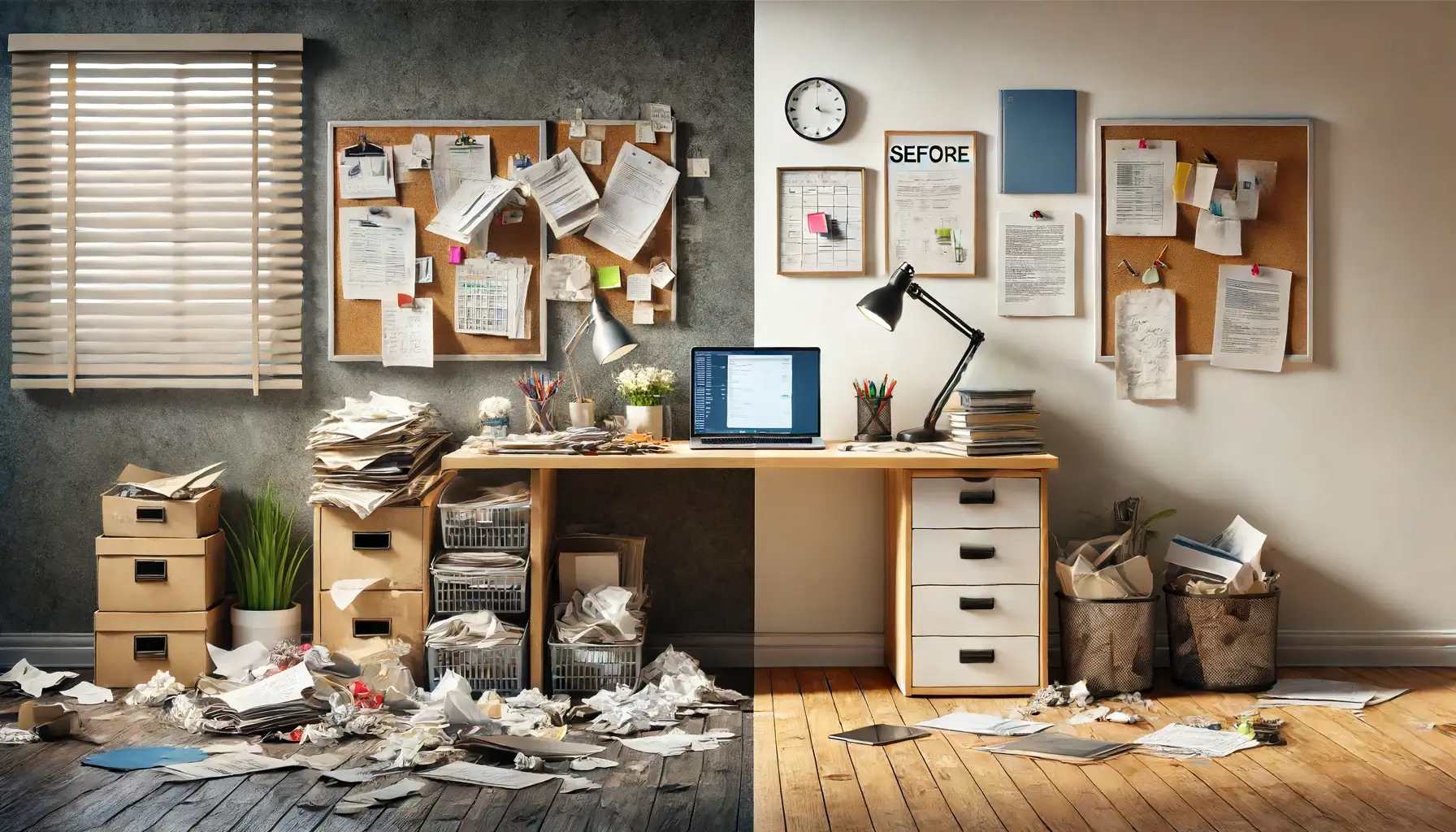 cluttered desk with disorganized papers on one side and organized workspace with task management tools on the other side