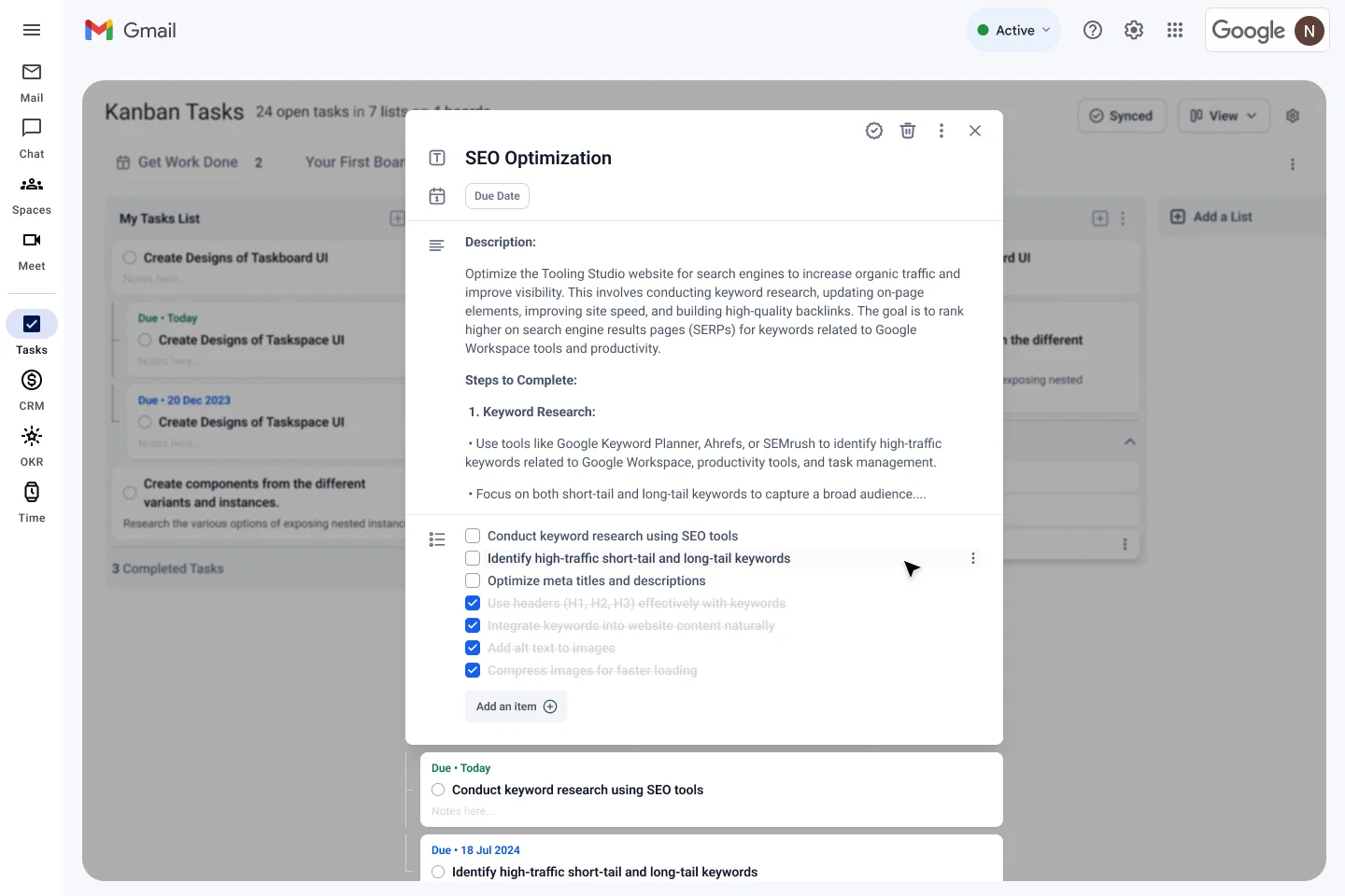 Kanban Tasks detail view showing SEO Optimization task with description and checklist in Google Tasks interface