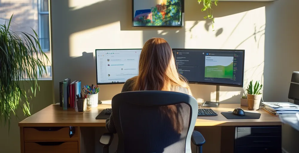 Person at a desk with dual monitors, sunlight, plants, and office decor working with Kanban Tasks